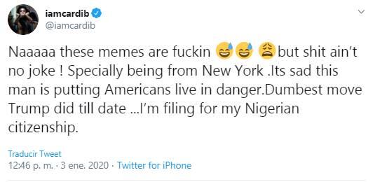 Cardi B solicitará su ciudadanía nigeriana tras el conflicto de Estados Unidos con Irán