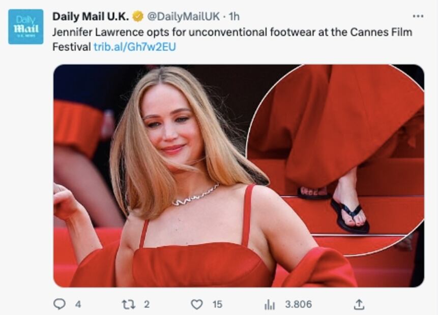 Jennifer Lawrence apareció con 'chanclas' en Cannes / Twitter