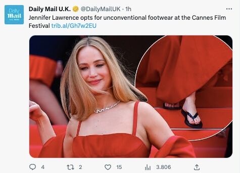 Jennifer Lawrence apareció con 'chanclas' en Cannes / Twitter