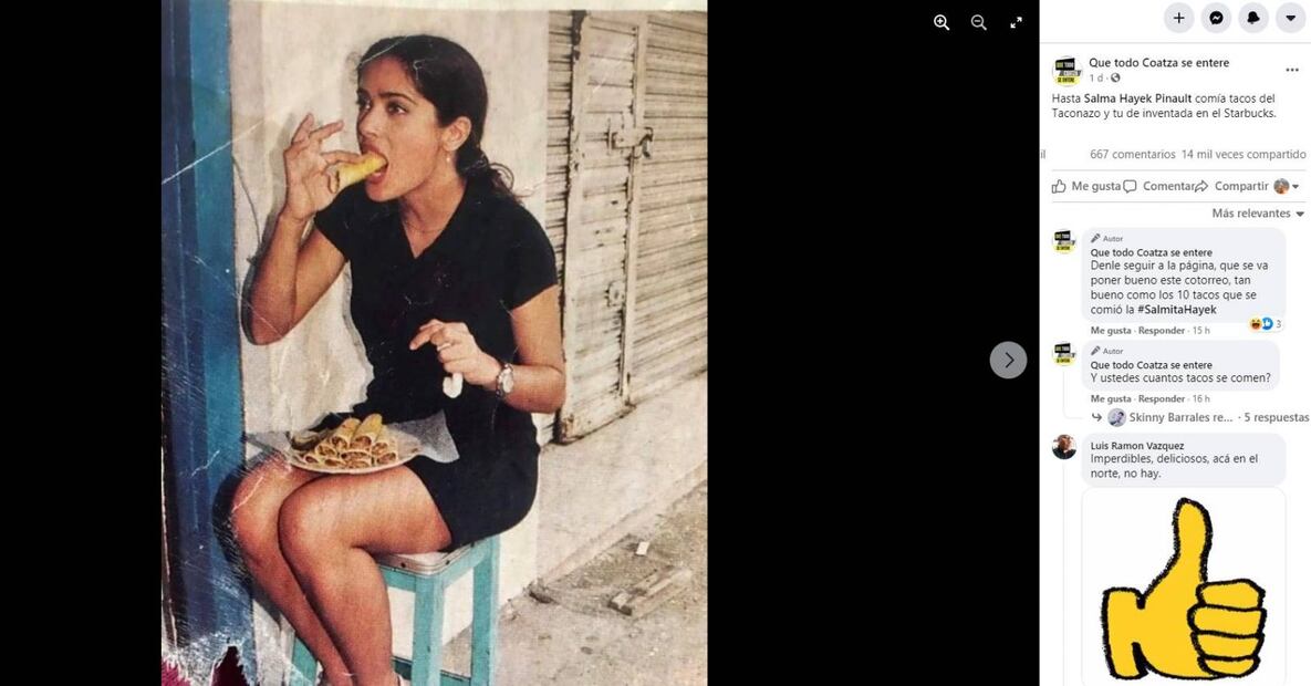 Foto de Salma Hayek comiendo tacos en una calle de Coatzacoalcos se vuelve viral