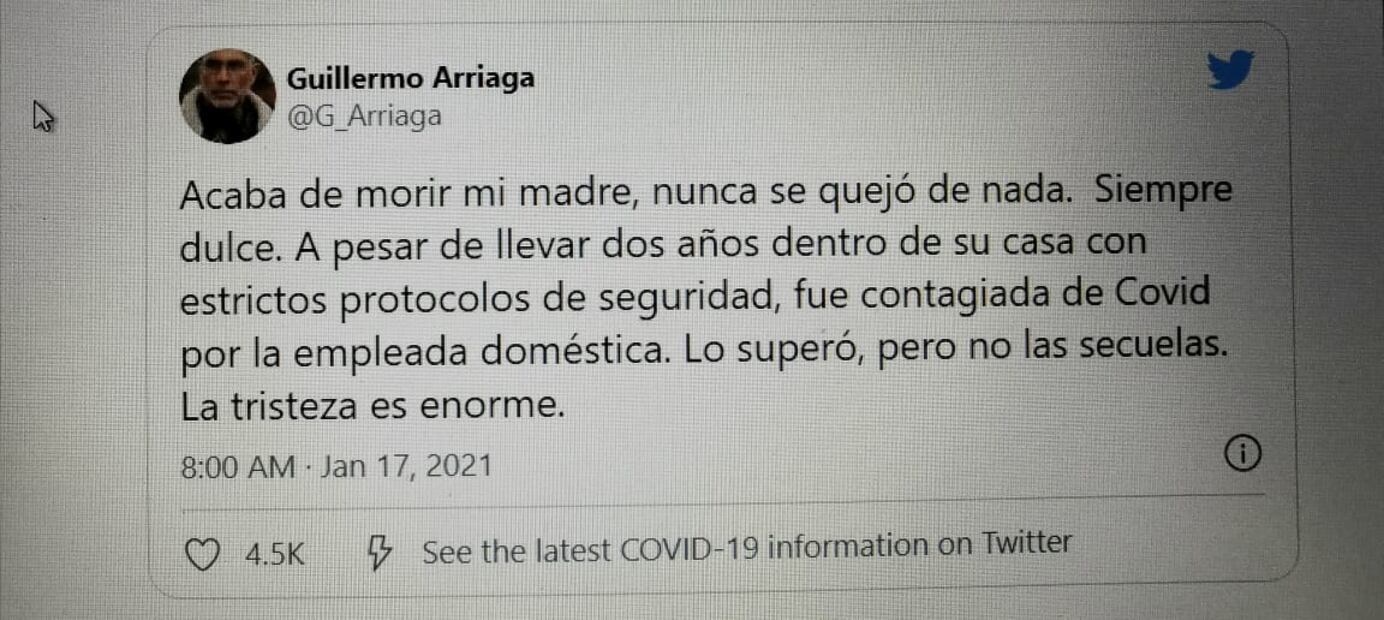 Muere mamá del cineasta Guillermo Arriaga por Covid-19