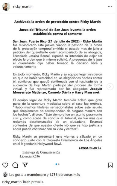 Tribunal archiva caso contra Ricky Martin por presunta violencia doméstica 