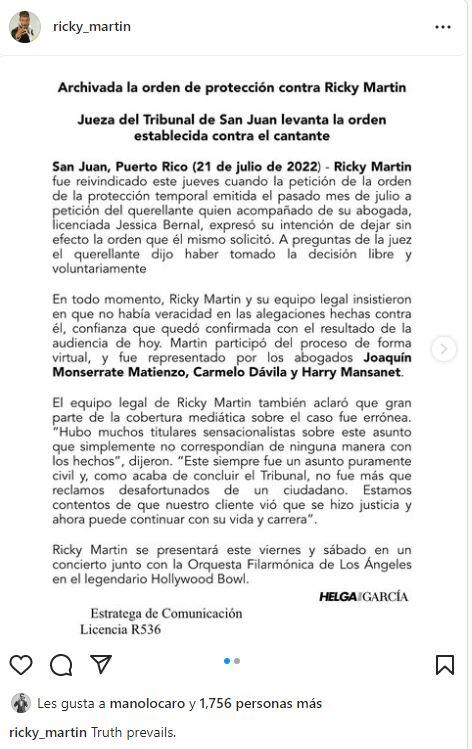 Tribunal archiva caso contra Ricky Martin por presunta violencia doméstica 