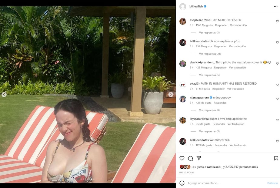 Billie Eilish posa con un bikini multicolor y disfruta del calor del sol