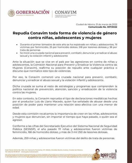 La CONAVIM rechaza las declaraciones de Luis de Llano sobre su relación con Sasha Sokol