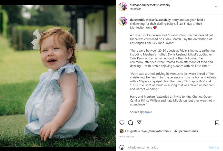 El príncipe Harry y Meghan Markle bautizan a su hija Lilibet Diana y confirman su título real