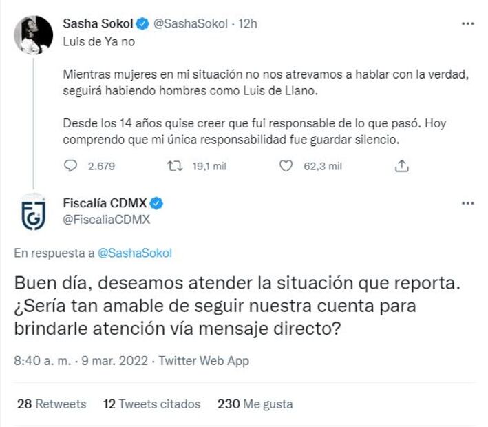 Sasha Sokol: Fiscalía de la CDMX quiere atender denuncia pública contra Luis de Llano