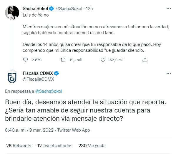 Sasha Sokol: Fiscalía de la CDMX quiere atender denuncia pública contra Luis de Llano