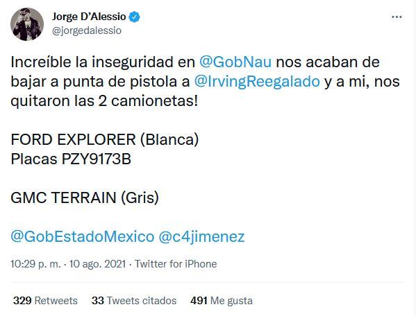 Jorge D’Alessio denuncia que a punta de pistola le robaron dos camionetas