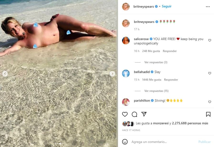 Britney Spears se desnuda en la playa y lo presume en Instagram