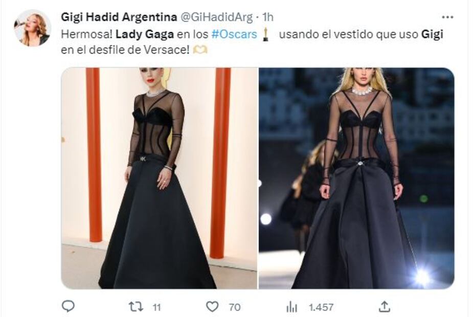 Lady Gaga luce el mismo vestido corsetero Versace de Gigi Hadid para los Oscar 2023