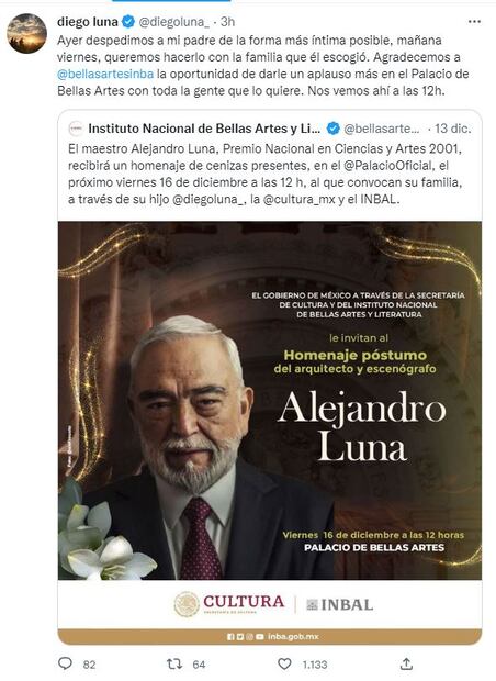 Diego Luna sobre la muerte de su papá, Alejandro Luna. "Despedimos a mi padre de la forma más íntima posible"