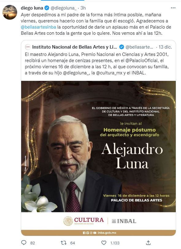 Diego Luna sobre la muerte de su papá, Alejandro Luna. "Despedimos a mi padre de la forma más íntima posible"