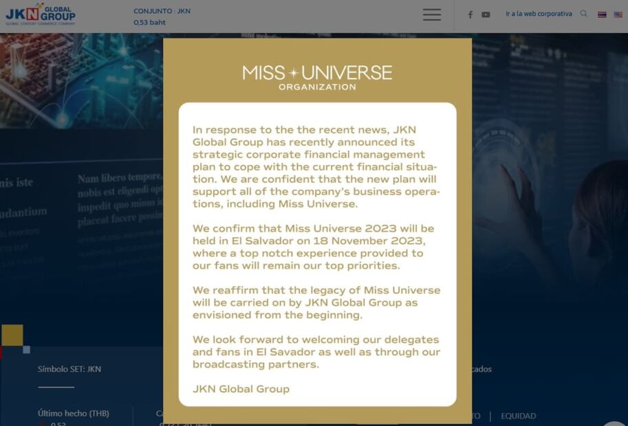 Comunicado sobre Miss Universo 2023 / Captura de pantalla
