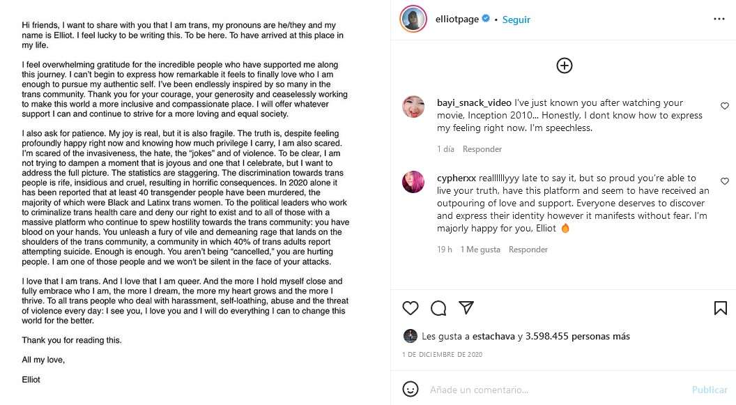 Elliot Page es el productor de un documental sobre la transición de género