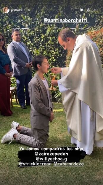 Grettell Valdez y Pato Borghetti, juntos en la primera comunión de su hijo