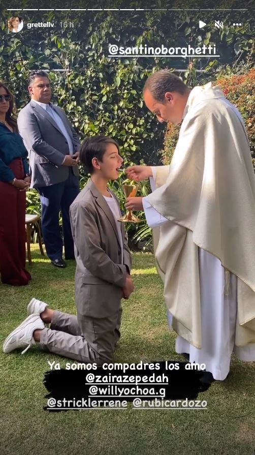 Grettell Valdez y Pato Borghetti, juntos en la primera comunión de su hijo