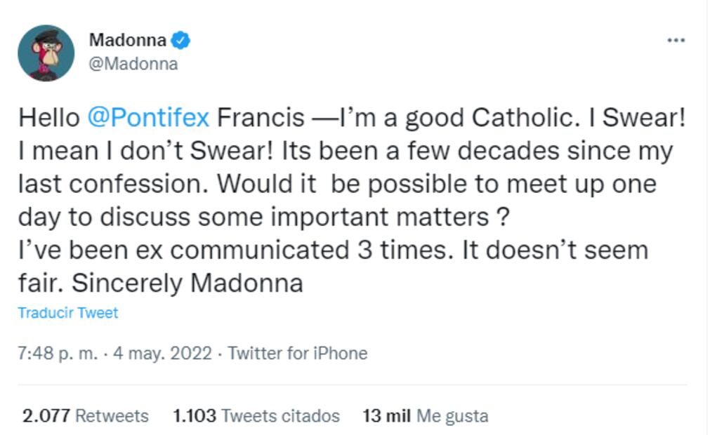 Madonna sorprende al Papa Francisco con un mensaje: "He sido ex comulgada 3 veces. No me parece justo"