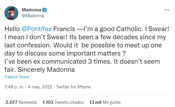 Madonna sorprende al Papa Francisco con un mensaje: "He sido ex comulgada 3 veces. No me parece justo"