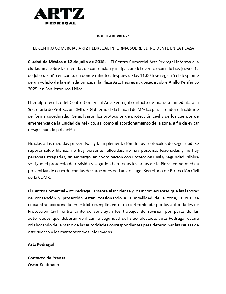 Las primeras declaraciones de Grupo Sordo Madaleno sobre el derrumbe de la Plaza Artz