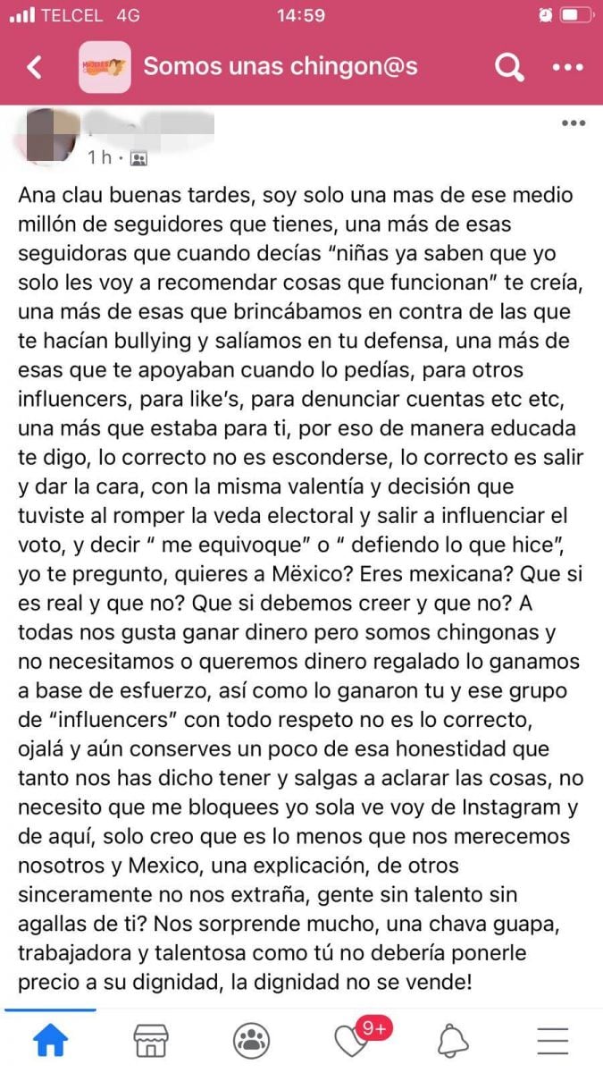 Le llueven críticas a Ana Claudia Cabrera por promoción del Verde y deja grupo en FB