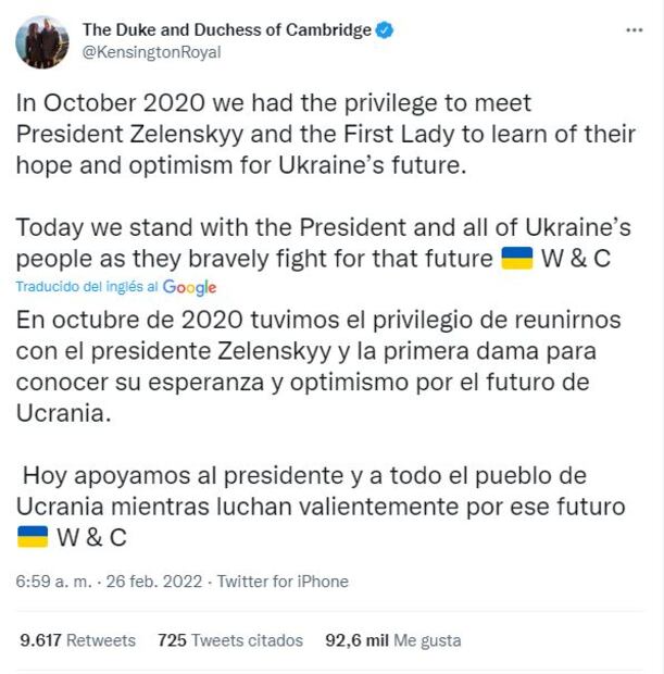 Presidente de Ucrania agradece apoyo de los duques de Cambridge pero no menciona a los Sussex