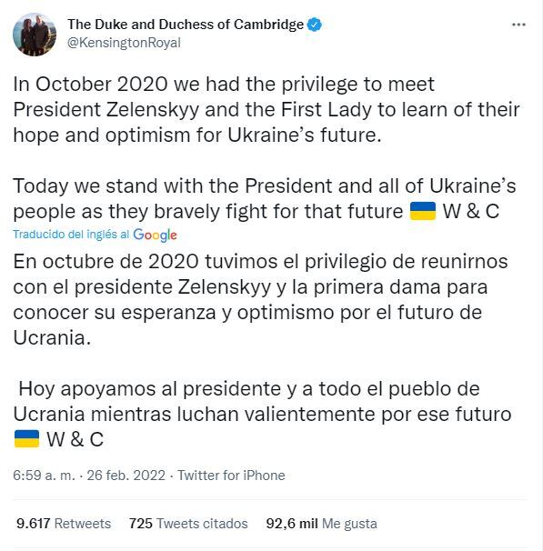 Presidente de Ucrania agradece apoyo de los duques de Cambridge pero no menciona a los Sussex
