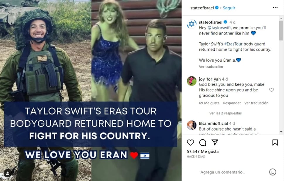 El guardia de seguridad de Taylor Swift combate por Israel / Instagram