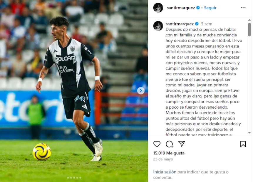 Santiago Márquez se despidió del futbol con un emotivo mensaje / Foto: Instagram