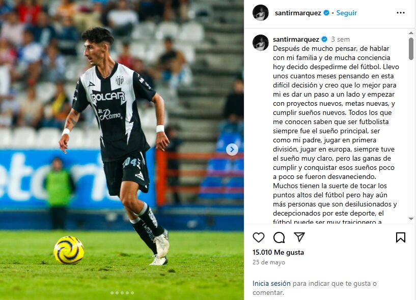 Santiago Márquez se despidió del futbol con un emotivo mensaje / Foto: Instagram