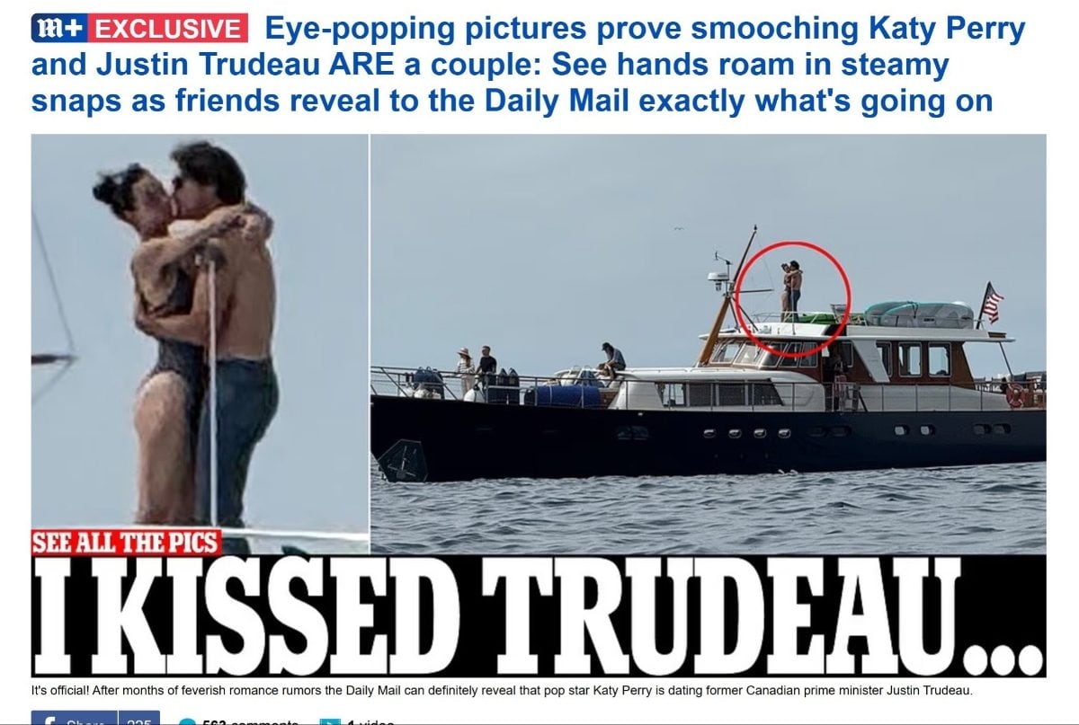 Katy Perry y Juatin Trudeau fueron fotografiados besándose / Foto: Captura 'Daily Mail'