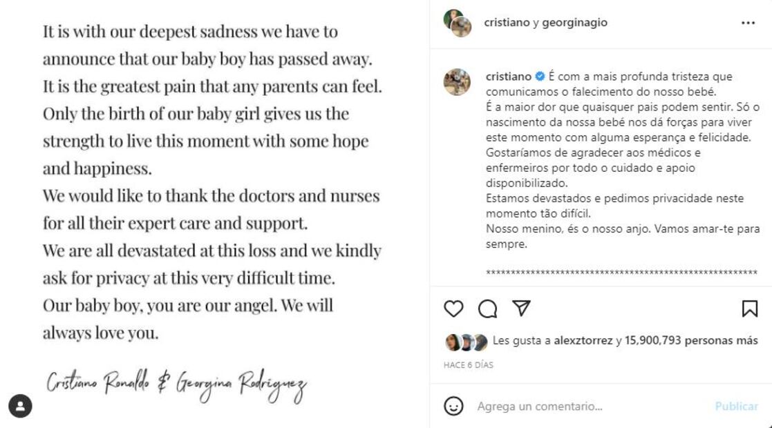 Cristiano Ronaldo rinde un emotivo homenaje a su bebé fallecido