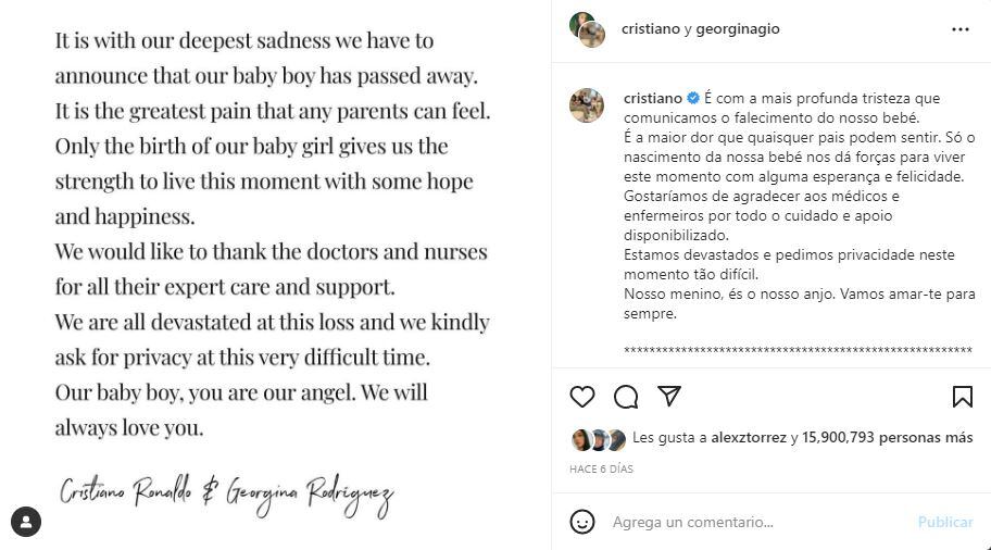 Cristiano Ronaldo rinde un emotivo homenaje a su bebé fallecido