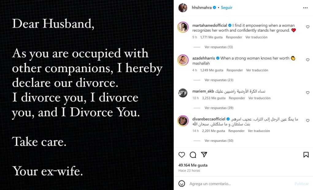 El comunicado donde la jequesa Sheika Mahra de Dubái anuncia su divorcio / Foto: Instagram