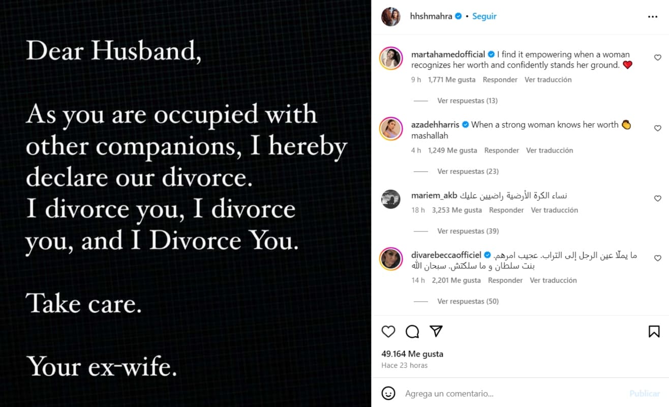 El comunicado donde la jequesa Sheika Mahra de Dubái anuncia su divorcio / Foto: Instagram