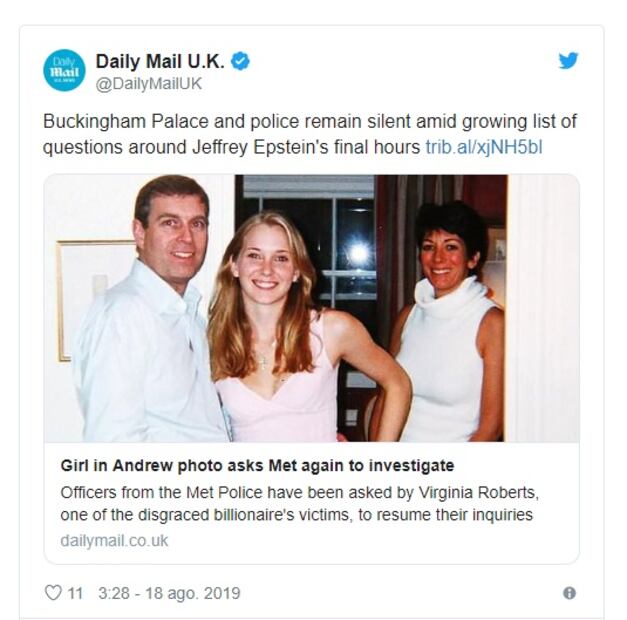 El príncipe Andrés está dispuesto a cooperar con la policía en el caso del pedófilo Jeffrey Epstein