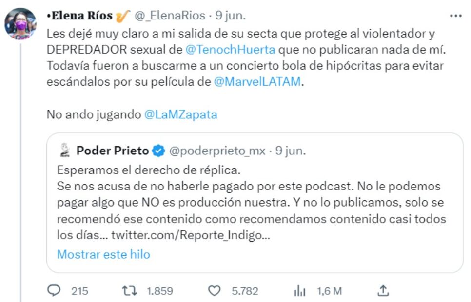 Las acusaciones de la saxofonista Elena Ríos contra Tenoch Huerta / Twitter