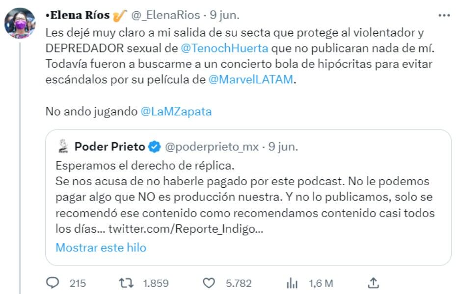 Las acusaciones de la saxofonista Elena Ríos contra Tenoch Huerta / Twitter