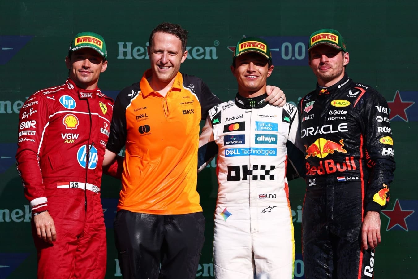 Charles Leclerc, Lando Norris, Max Verstappen en el México GP 2025 / Foto: Getty Images