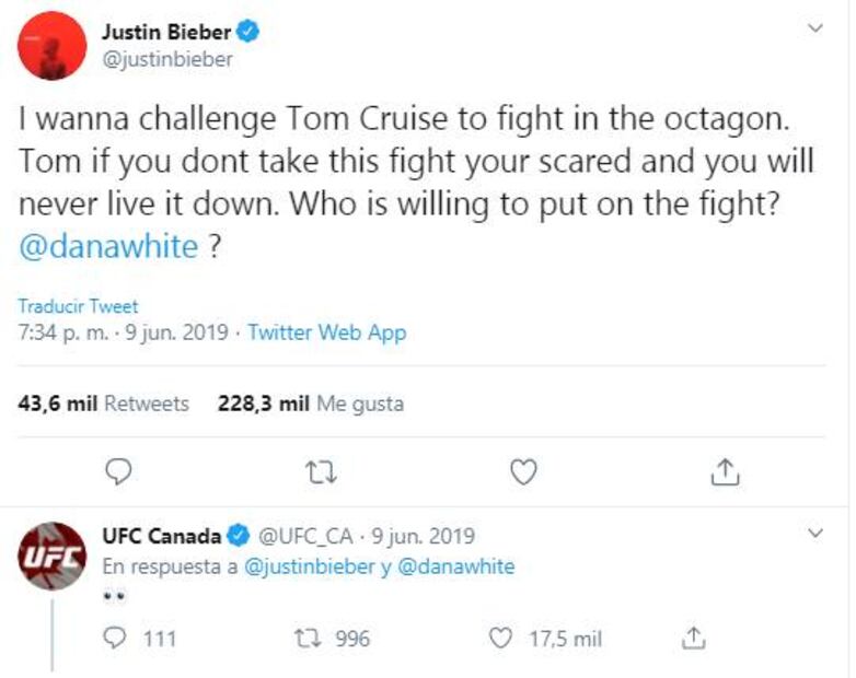 Justin Bieber mantiene la posiblidad de pelear contra Tom Cruise