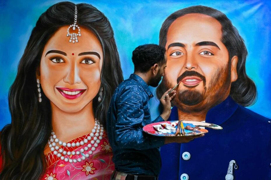 Un retrato de Anant Ambani y su futura esposa Radhika Merchant / Foto: AFP
