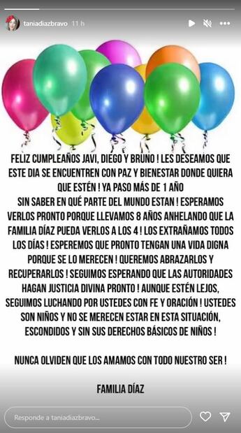 Tania Díaz, tía de los trillizos Diego, Javier y Bruno, hijos de Inés Gómez Mont, los felicita en su cumpleaños