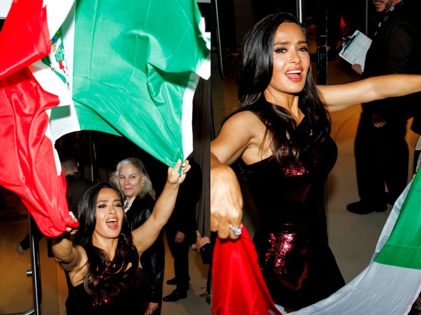 Salma Hayek sosteniendo la bandera de México en el Festival Internacional de Cine de Toronto 2024 / Foto: AP