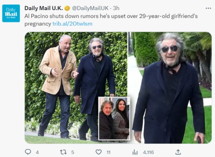 Al Pacino rompió el silencio sobre el embarazo de su novia, de 29 años / Twitter