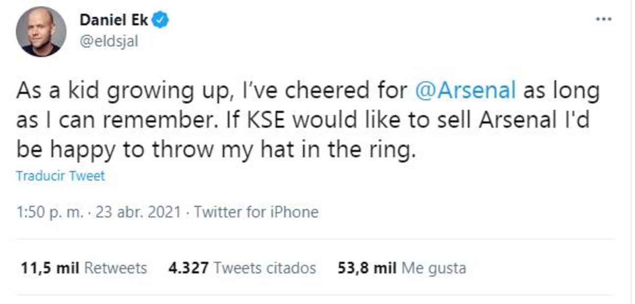Daniel Ek, CEO de Spotify, quiere comprar el Arsenal