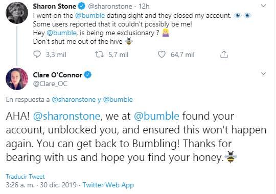 La actriz Sharon Stone busca pareja en la app de citas Bumble, tras cancelarle su cuenta por una confusión