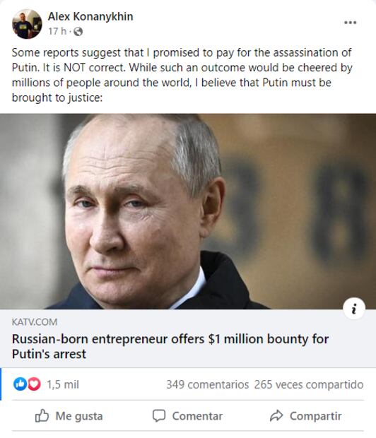 Multimillonario ruso ofrece 1 millón de dólares por Vladímir Putin