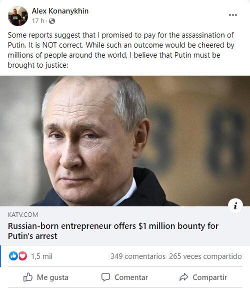 Multimillonario ruso ofrece 1 millón de dólares por Vladímir Putin