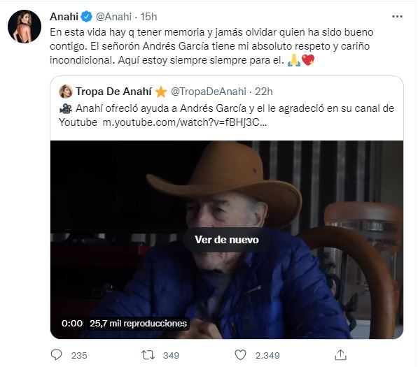 Andrés García agradece a Anahí su apoyo; los actores vivieron juntos hace años