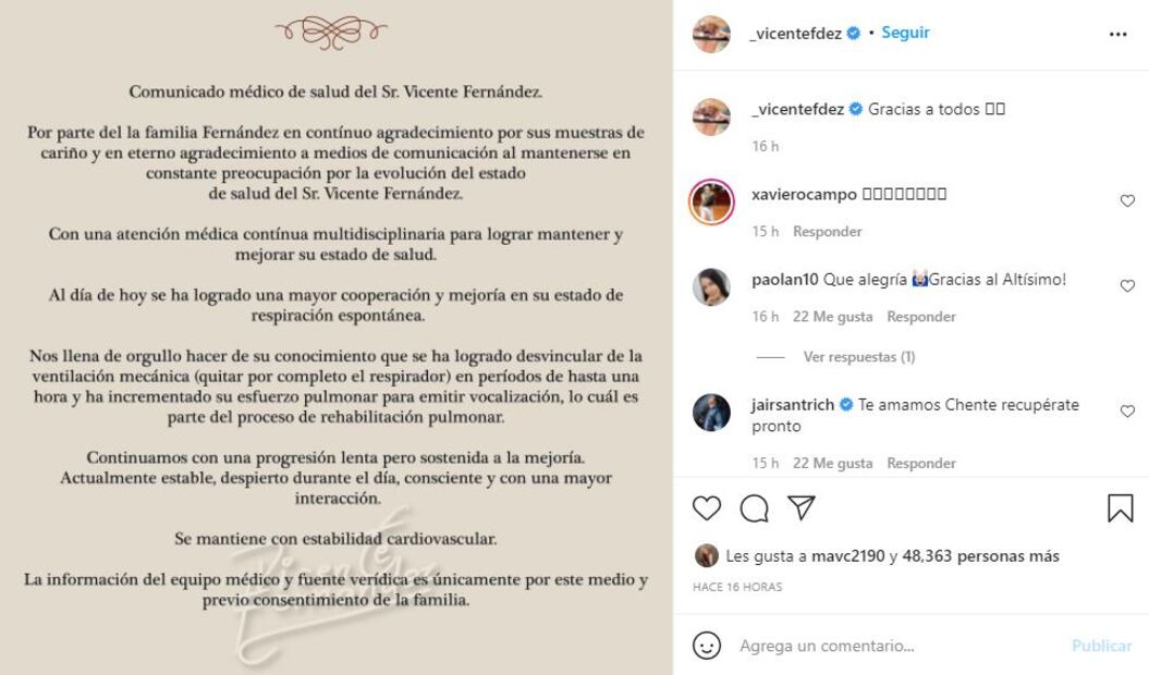 Vicente Fernández ya no requiere del respirador artificial